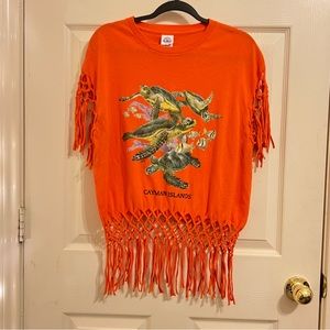 Orange Wooven Fringe Turtles Cayman Islands Tee